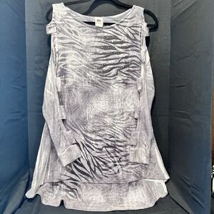 S-Twelve Zebra Rhinestone Tunic With‎ Cutout Sleeves  Blouse Multicolored Sz L